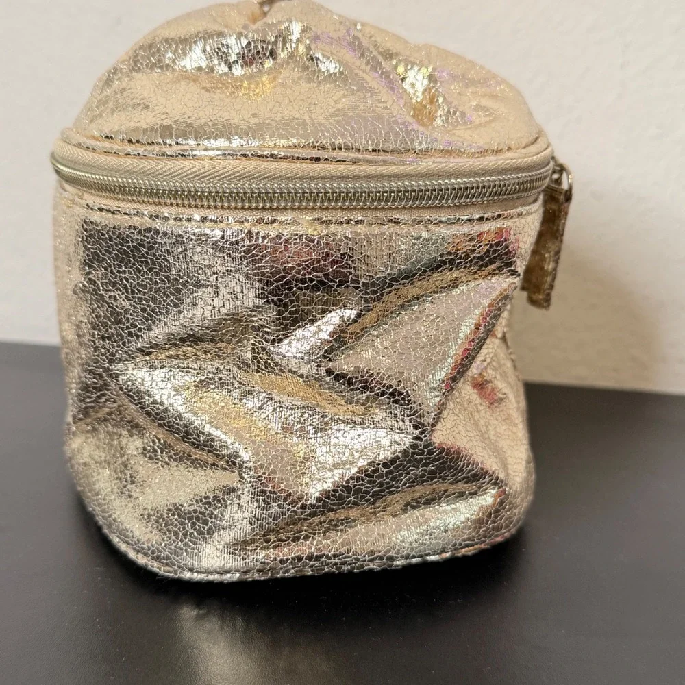 Victoria's Secret Cosmetic Bag Gold Metallic Crackle Bow Vanity Case Makeup Bag